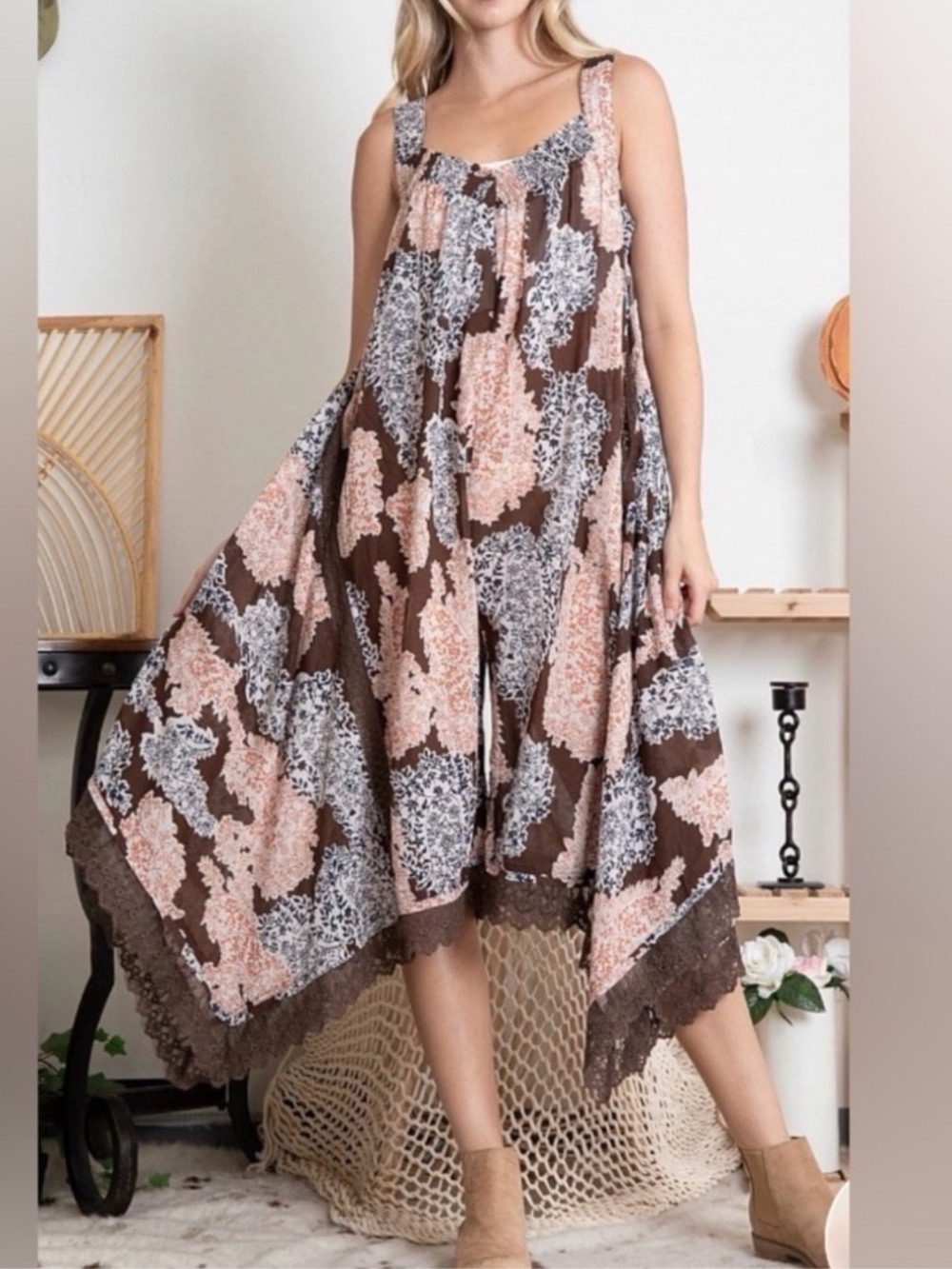 Blue Velvet Bohemian Floral Handkerchief Hem Midi Dress Brown & Pink